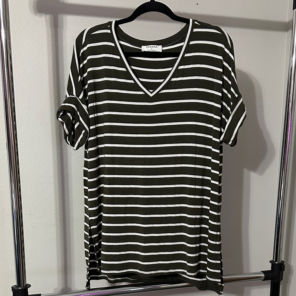 Zenana Olive and White Striped V-Neck Tee